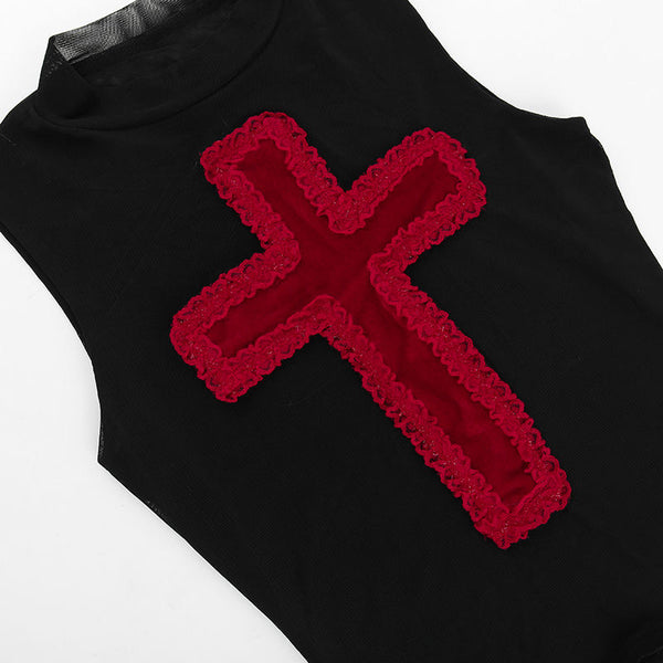 Goth Black Tank Top with Red Cross Embroidery