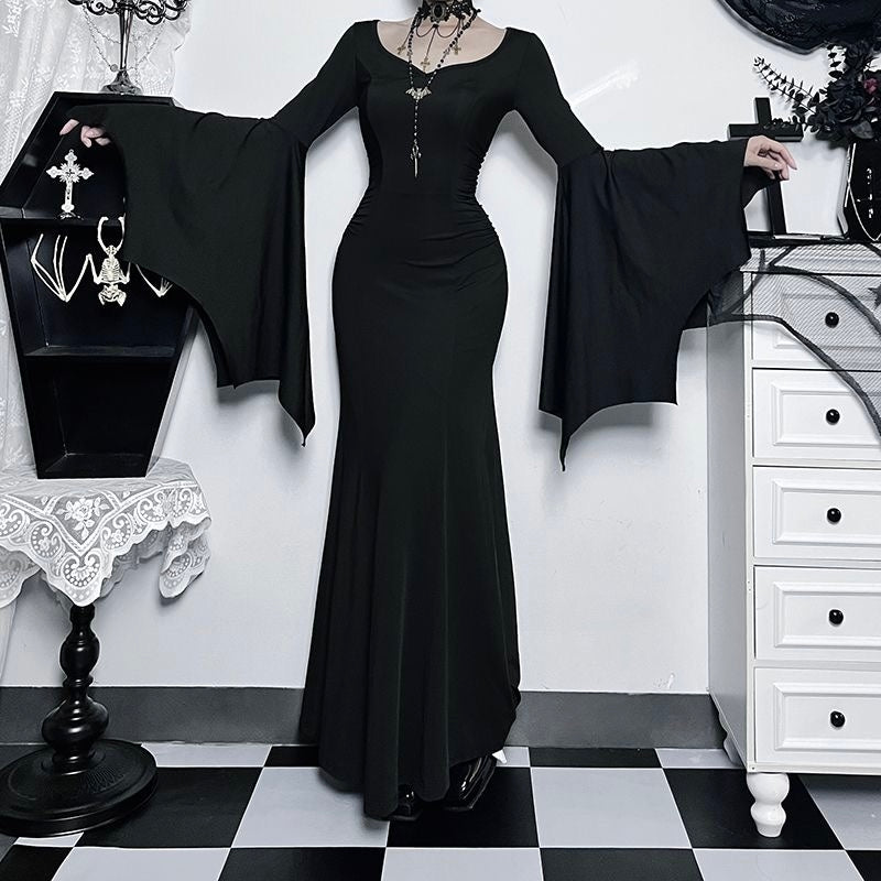 The Addams Family Inspired Goth Large Bell Sleeves Black Maxi Dress