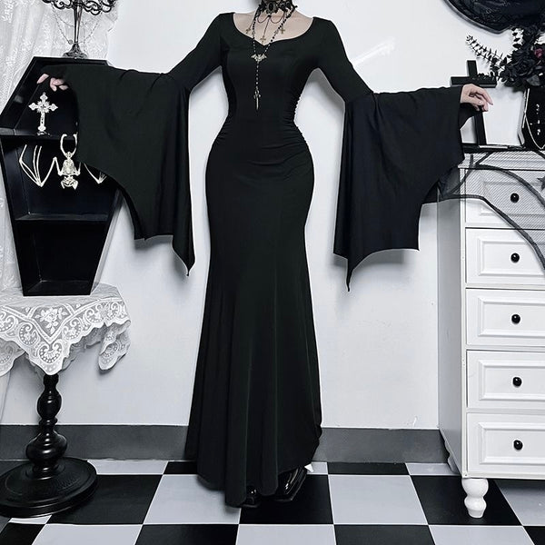 The Addams Family Inspired Goth Large Bell Sleeves Black Maxi Dress