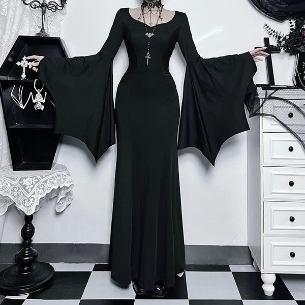 The Addams Family Inspired Goth Large Bell Sleeves Black Maxi Dress