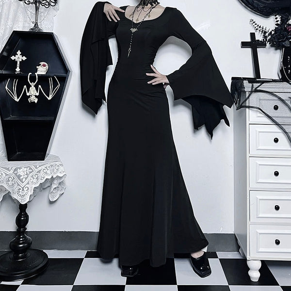The Addams Family Inspired Goth Large Bell Sleeves Black Maxi Dress