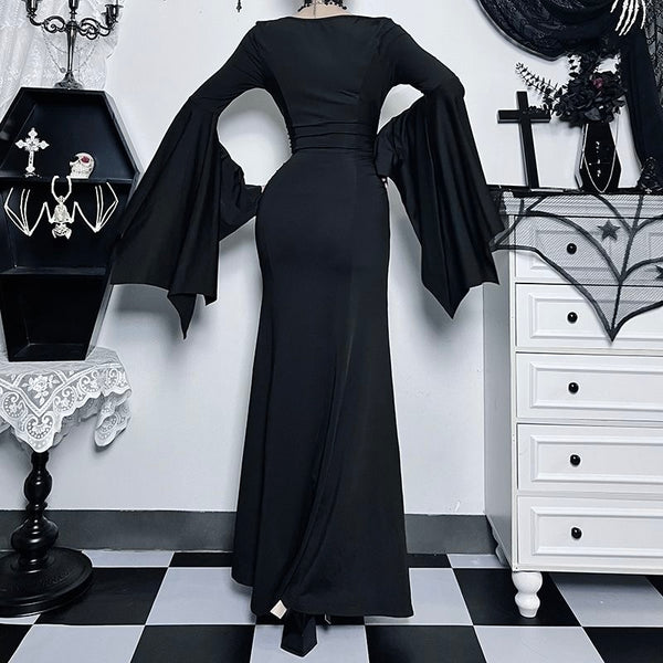 The Addams Family Inspired Goth Large Bell Sleeves Black Maxi Dress