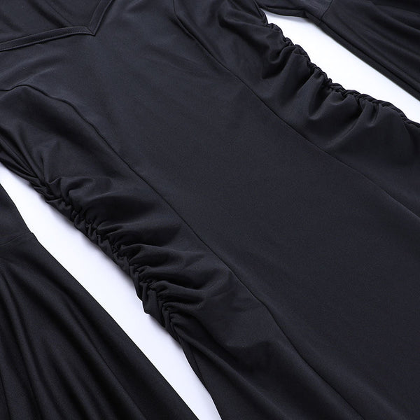 The Addams Family Inspired Goth Large Bell Sleeves Black Maxi Dress