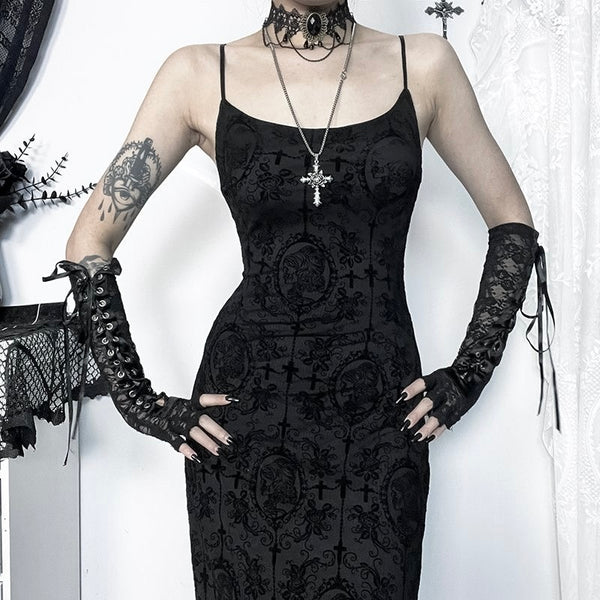 Goth Vintage Printing Black Slip Maxi Dress