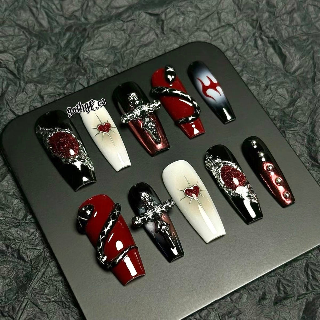 Goth Aesthetic Black and Burgundy Pressed On Nails with Cross Snake Heart Details