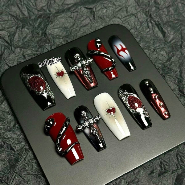 Goth Aesthetic Black and Burgundy Pressed On Nails with Cross Snake Heart Details