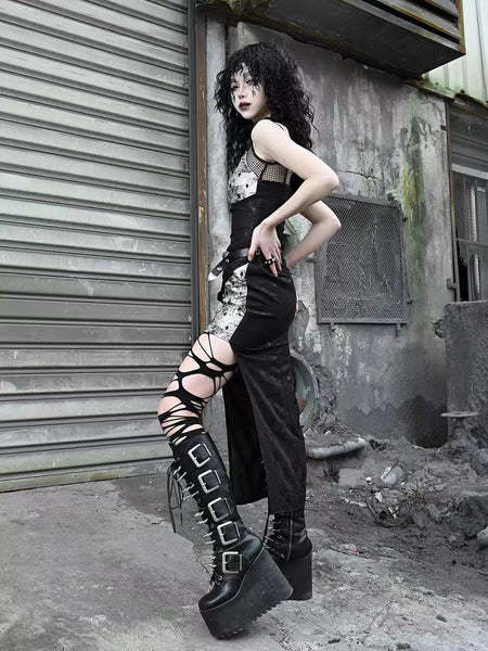 Goth Punk Grunge Alternative Black Split Thigh Sling Dress,  Slip-on Sleeves and bolero shrug