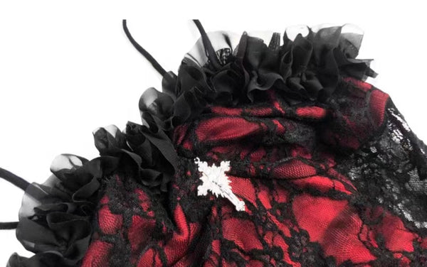 Vampire Romantic Goth Black and Red Lace Edge Mesh High-Low Maxi Dress with Detached Sleeves
