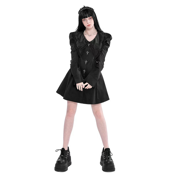 Kawaii Goth Collared Poplin Long Sleeve Puff Shoulder Dress
