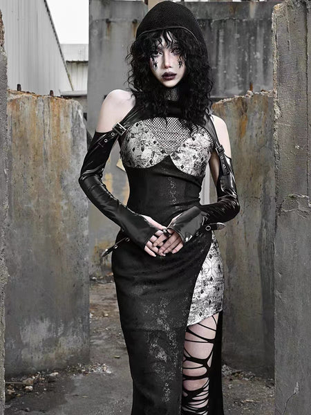 Goth Punk Grunge Alternative Black Split Thigh Sling Dress,  Slip-on Sleeves and bolero shrug