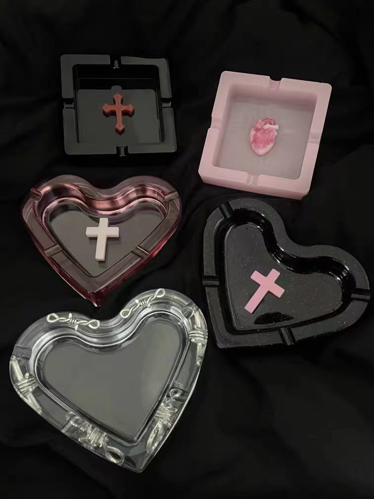 Aesthetic Black Pink Red Transparent Punk Goth Heart Shape Ashtray