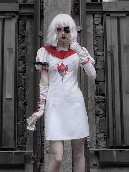 White Goth Sailor Collar Dress Featuring Arm warmers with thumbholes