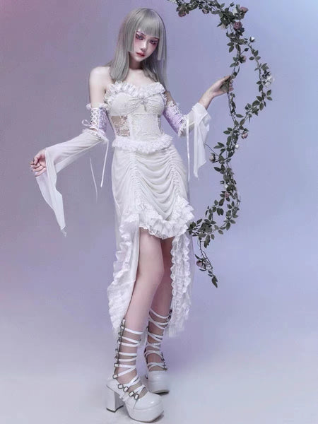 White Aesthetic Goth Lace Edge High-low Maxi Dress with Detached Sleeves