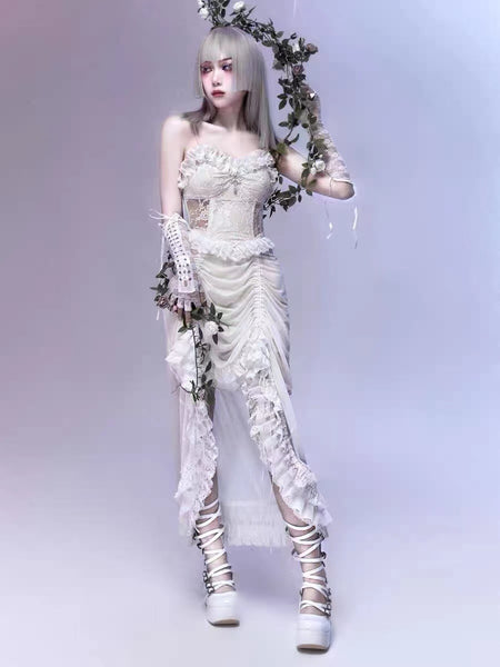 White Aesthetic Goth Lace Edge High-low Maxi Dress with Detached Sleeves