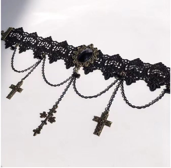 Goth Black Lace Choker with Cross Charms