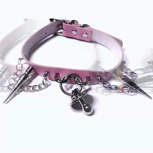 Kawaii Goth Black and Pink Metal Pacifier and Spikes Choker