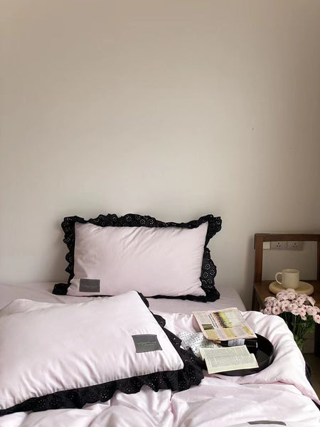 Black Lace Edge Pale Pink Cotton Bedding Duvet Sheet Set Queen King Size