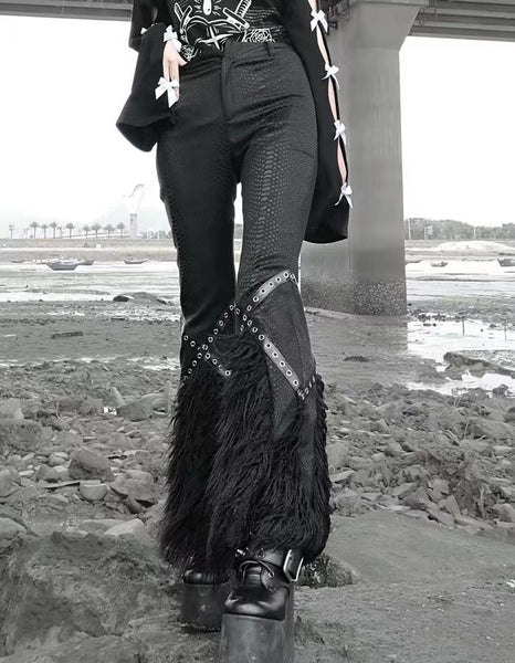 Punk Goth Black Fake Snake Skin Pattern High Waisted Feather Edge Flare Pants