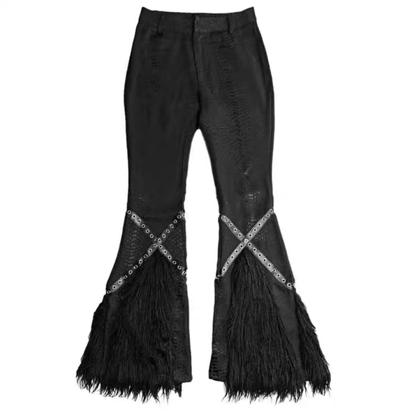 Punk Goth Black Fake Snake Skin Pattern High Waisted Feather Edge Flare Pants