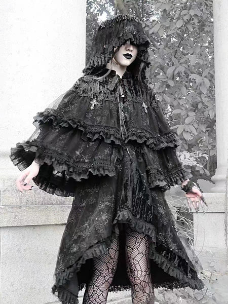 Vintage Goth Black Lace Ruffle Edge Cape with Tie Front Closure