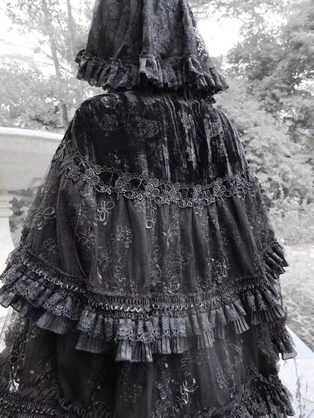 Vintage Goth Black Lace Ruffle Edge Cape with Tie Front Closure