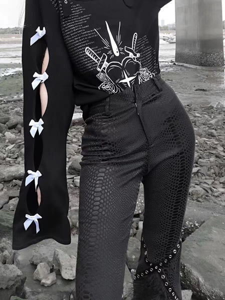 Punk Goth Black Fake Snake Skin Pattern High Waisted Feather Edge Flare Pants