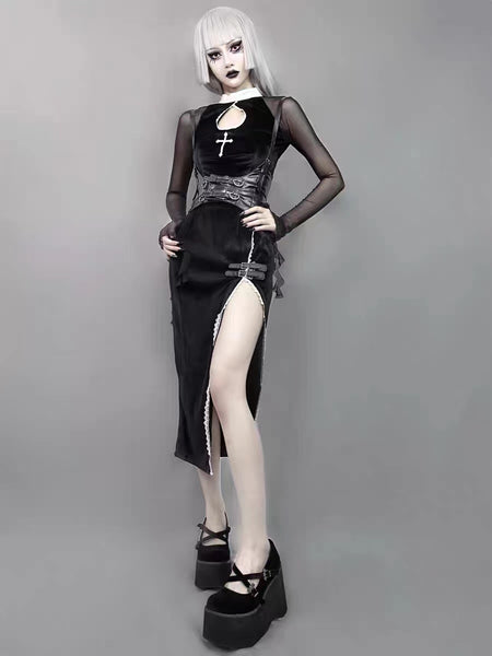 Goth Black Mesh Long Sleeve Side Cut Out Dress with Cross Detail and Corset Belt