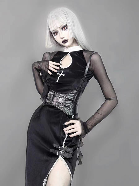 Goth Black Mesh Long Sleeve Side Cut Out Dress with Cross Detail and Corset Belt