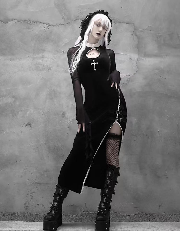 Goth Black Mesh Long Sleeve Side Cut Out Dress with Cross Detail and Corset Belt