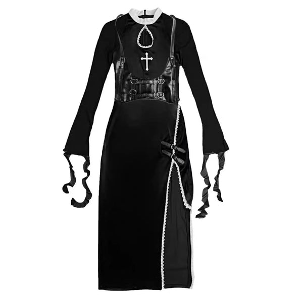 Goth Black Mesh Long Sleeve Side Cut Out Dress with Cross Detail and Corset Belt