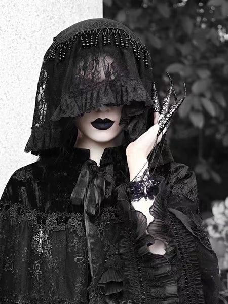 Vintage Goth Black Lace Ruffle Edge Embroidered Hair Veil