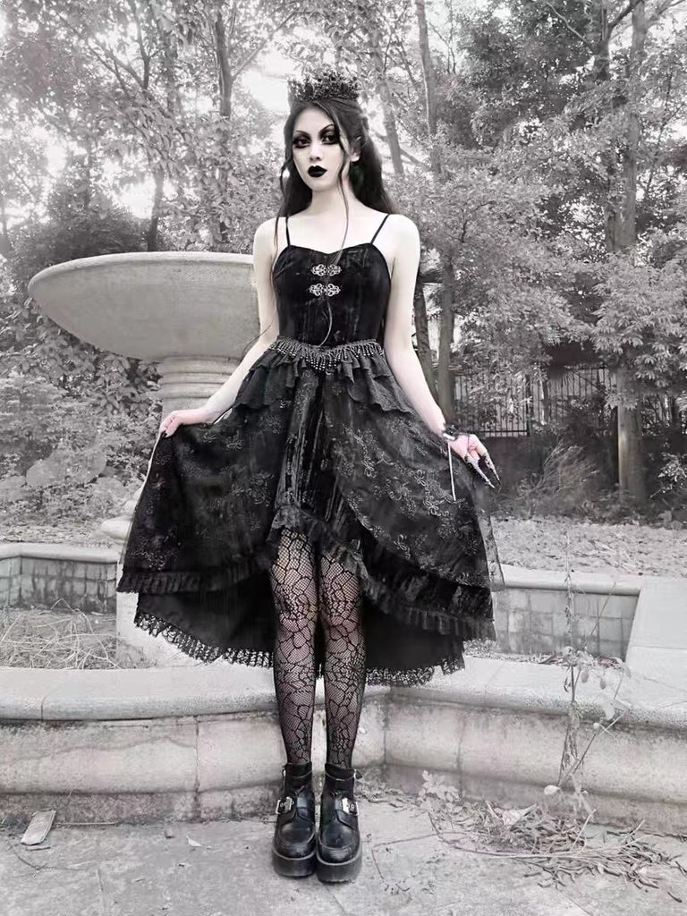 Goth Black Velvet Embroidered Ruffle Edge Low-High Cami Dress