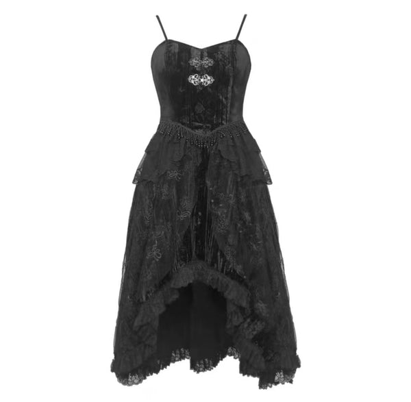 Goth Black Velvet Embroidered Ruffle Edge Low-High Cami Dress