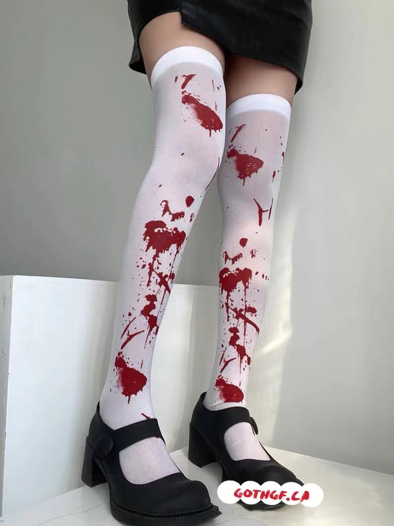 Goth Halloween Fake Blood Stain Over the Knee White Socks