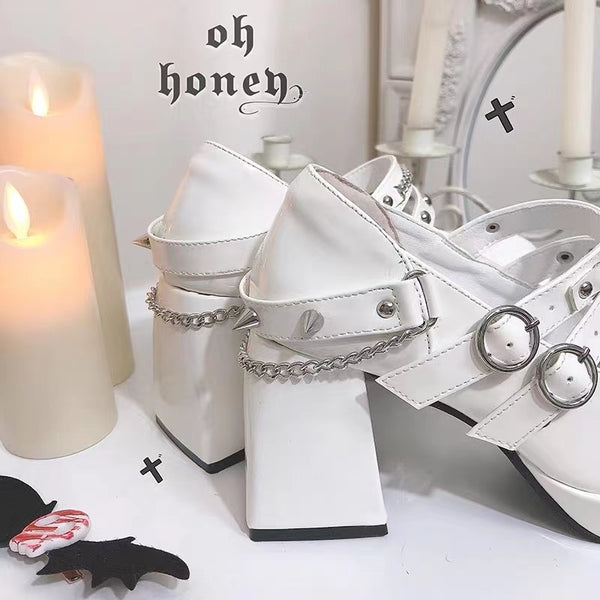 Goth Mary Jane PU Leather High Heels with Studded and Starry Details