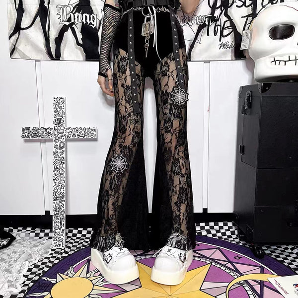 Goth Lace Embroidered See Through Flare Pants