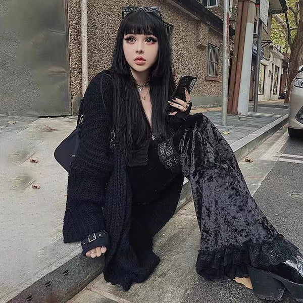 Goth Black Velvet Lace Edge Flare Pants
