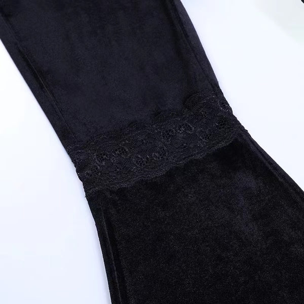 Goth Black Velvet Lace Edge Flare Pants