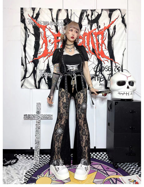 Goth Lace Embroidered See Through Flare Pants