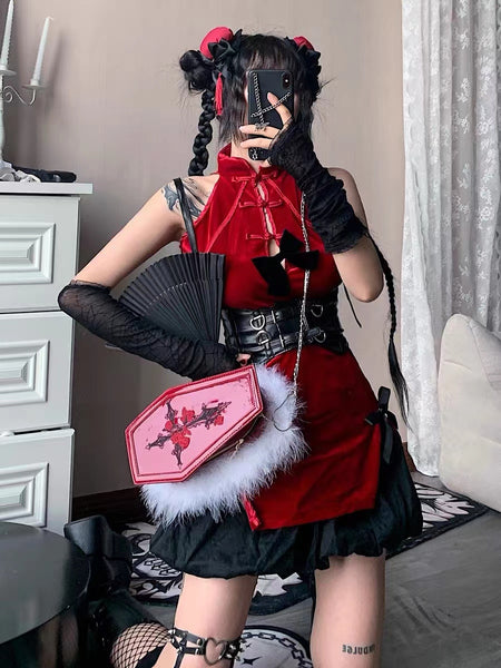 Goth Red Coffin Shape Patent Leather Crossbody Bag and Handbag featuring Feather Trim