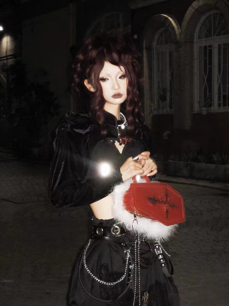 Goth Red Coffin Shape Patent Leather Crossbody Bag and Handbag featuring Feather Trim