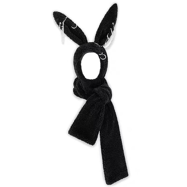 Black Bunny Ear Hooded Scarf with Multiple Piercings and Metal Chains