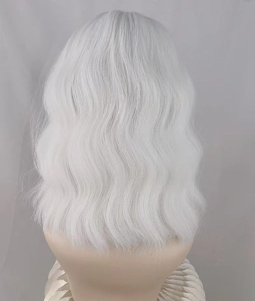Platinum White Short Wavy Hair Wig with Bangs