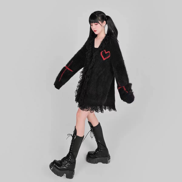 Goth Black Oversized Lace Edge Cardigan with Red Hollow Heart