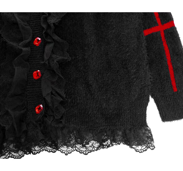Goth Black Oversized Lace Edge Cardigan with Red Hollow Heart