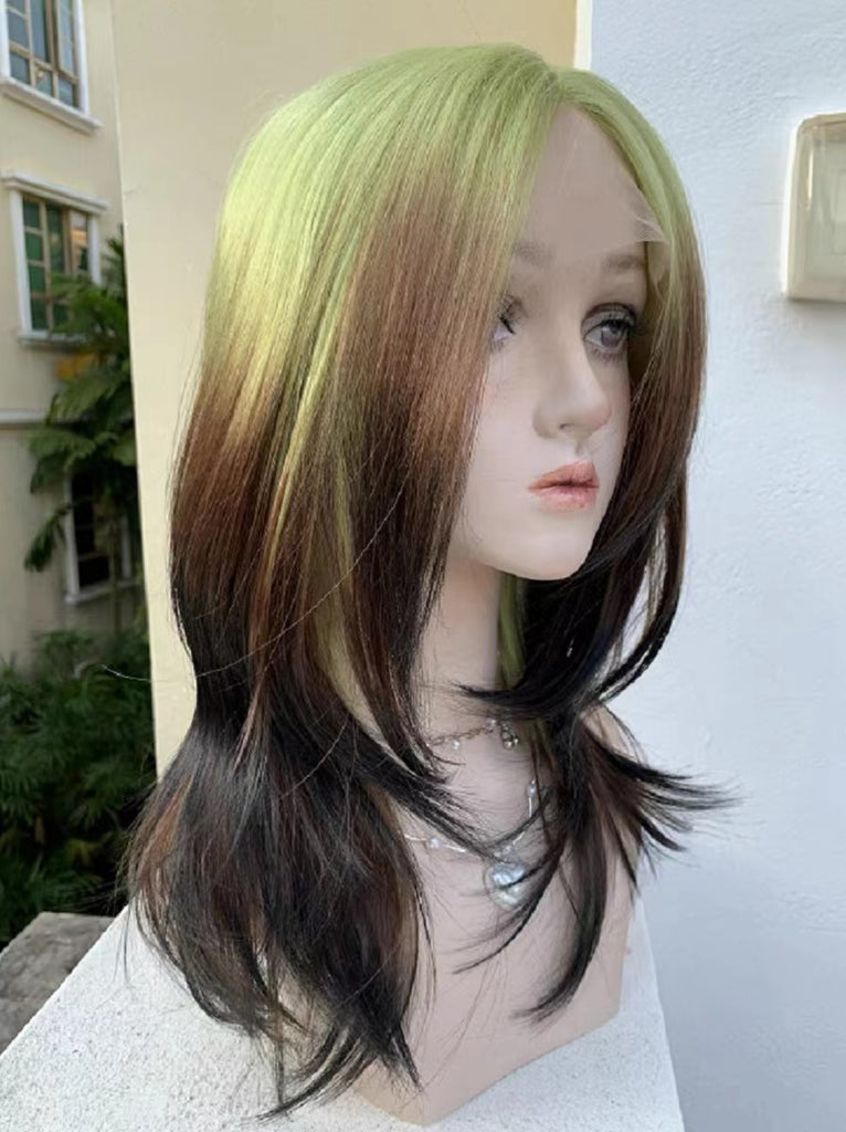 Slim Green and Brown Gradient Medium Length Wigs Set