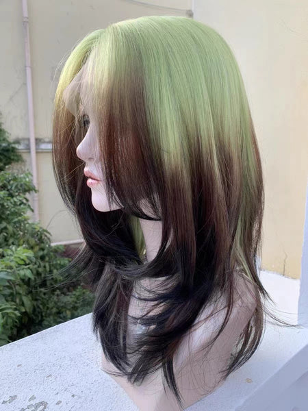 Slim Green and Brown Gradient Medium Length Wigs Set