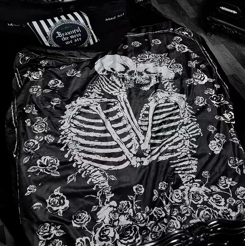 Goth Skeleton Lovers Black Flannel Blanket