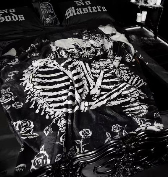 Goth Skeleton Lovers Black Flannel Blanket