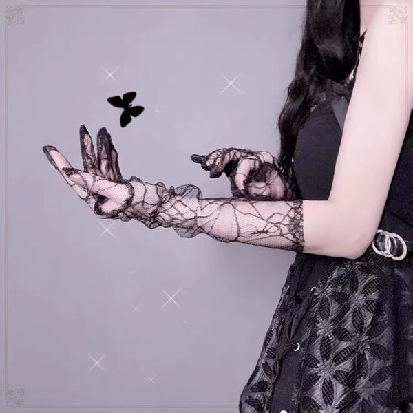 Goth Style Spider Web Black Lace See Through Gloves